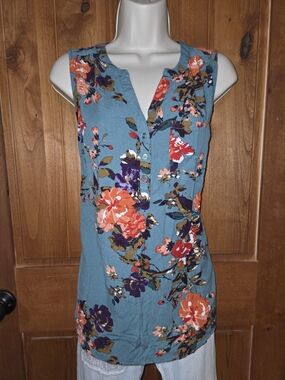 Market & Spruce Teal Floral Sleeveless Top with Orange and Purple Blooms